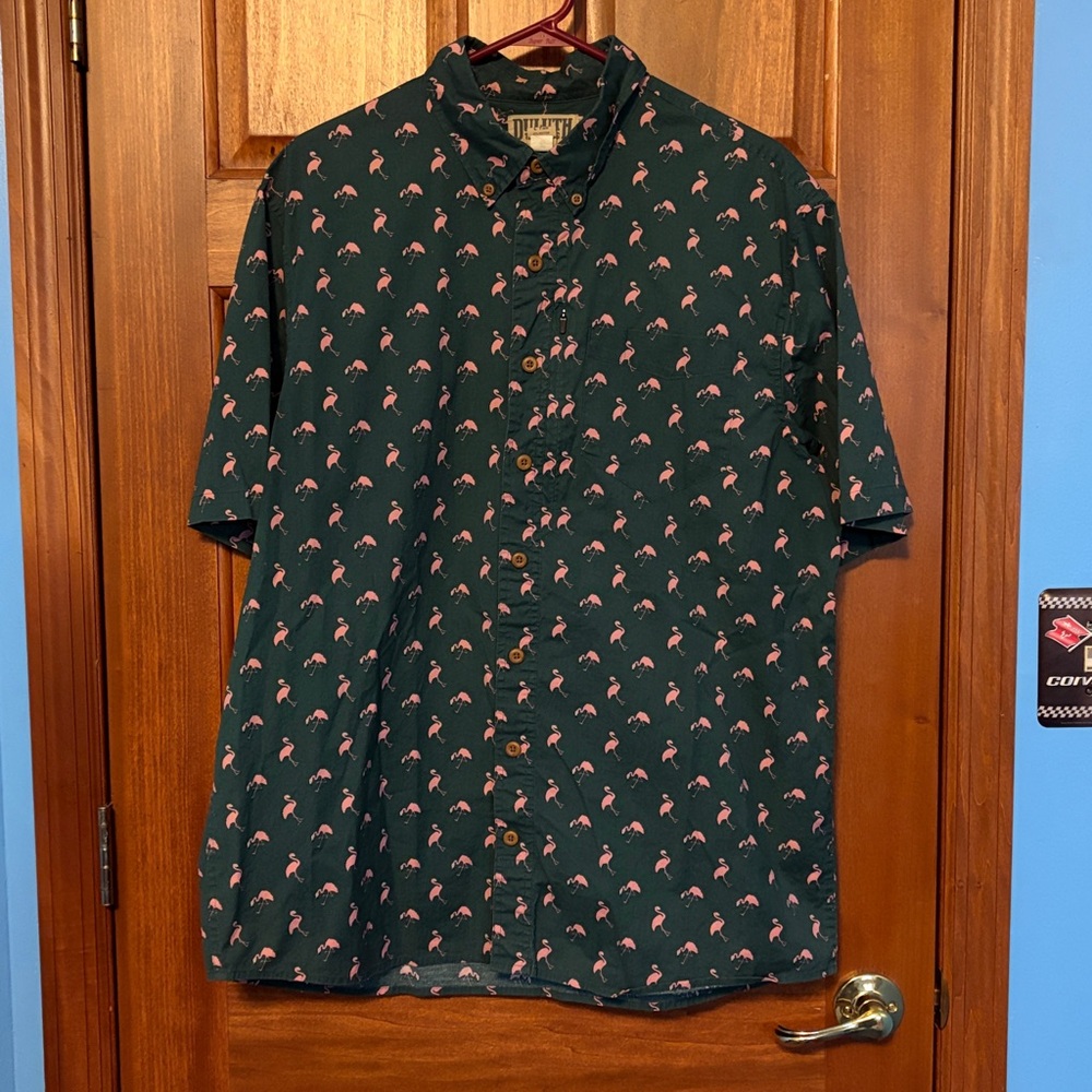 Duluth Trading Co Green Flamingo Print Buttoned Polo